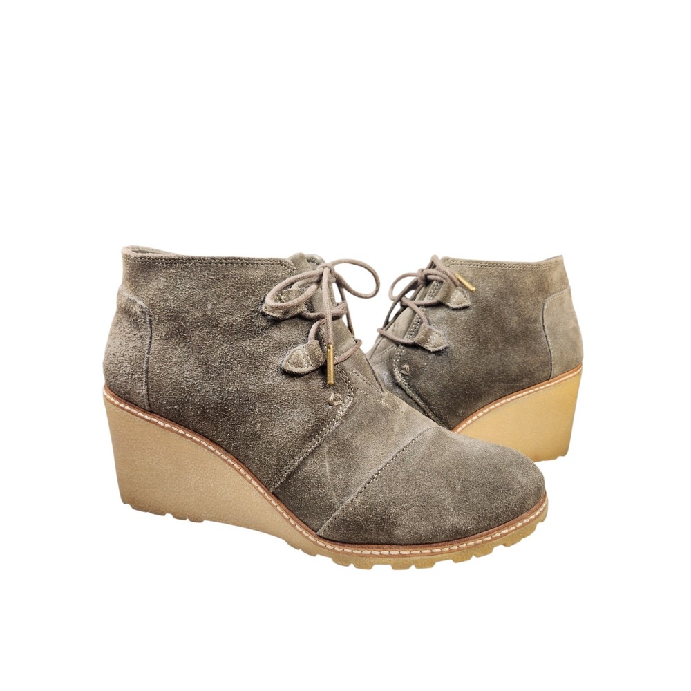 TOMS Suede Wedge Booties Olive Green Lace Up Ankle Boots Cottagecore‎ Granola 11